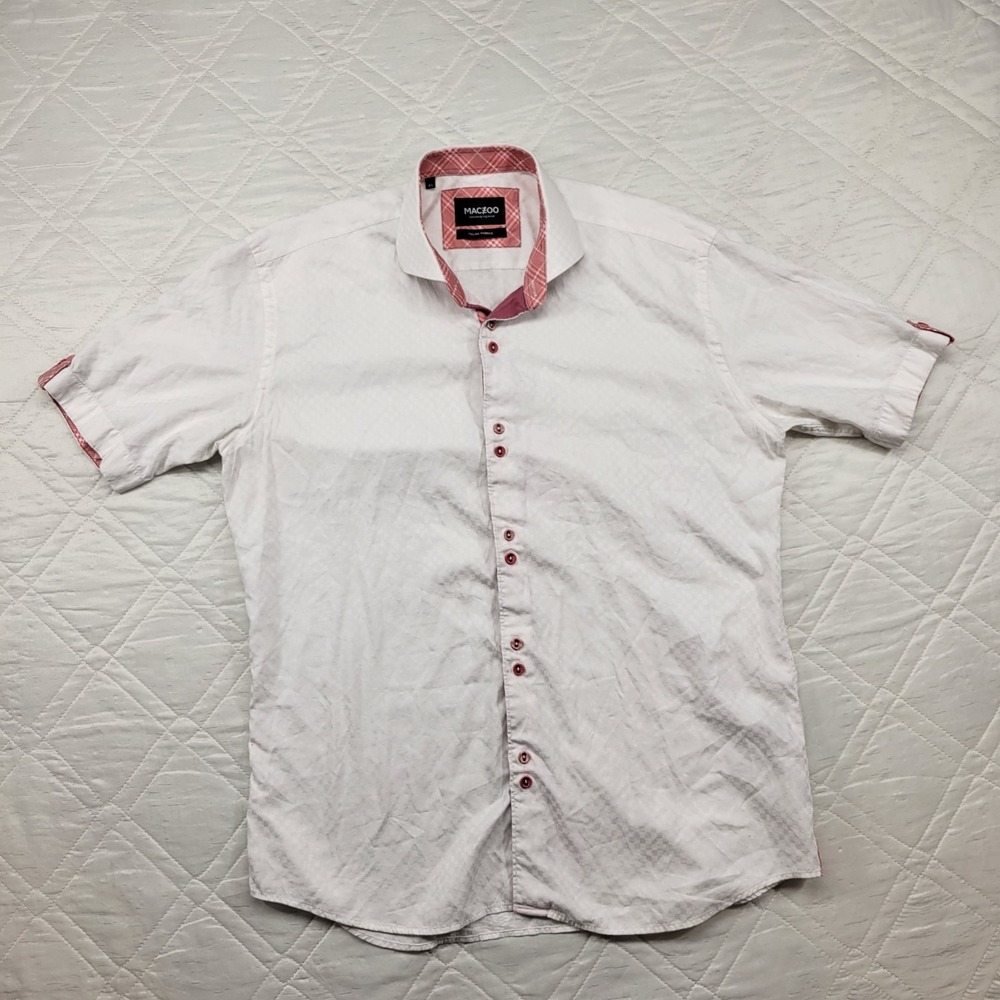 Maceoo meticulously engineered white‎ button front shirt trimmed in coral sz 4/L